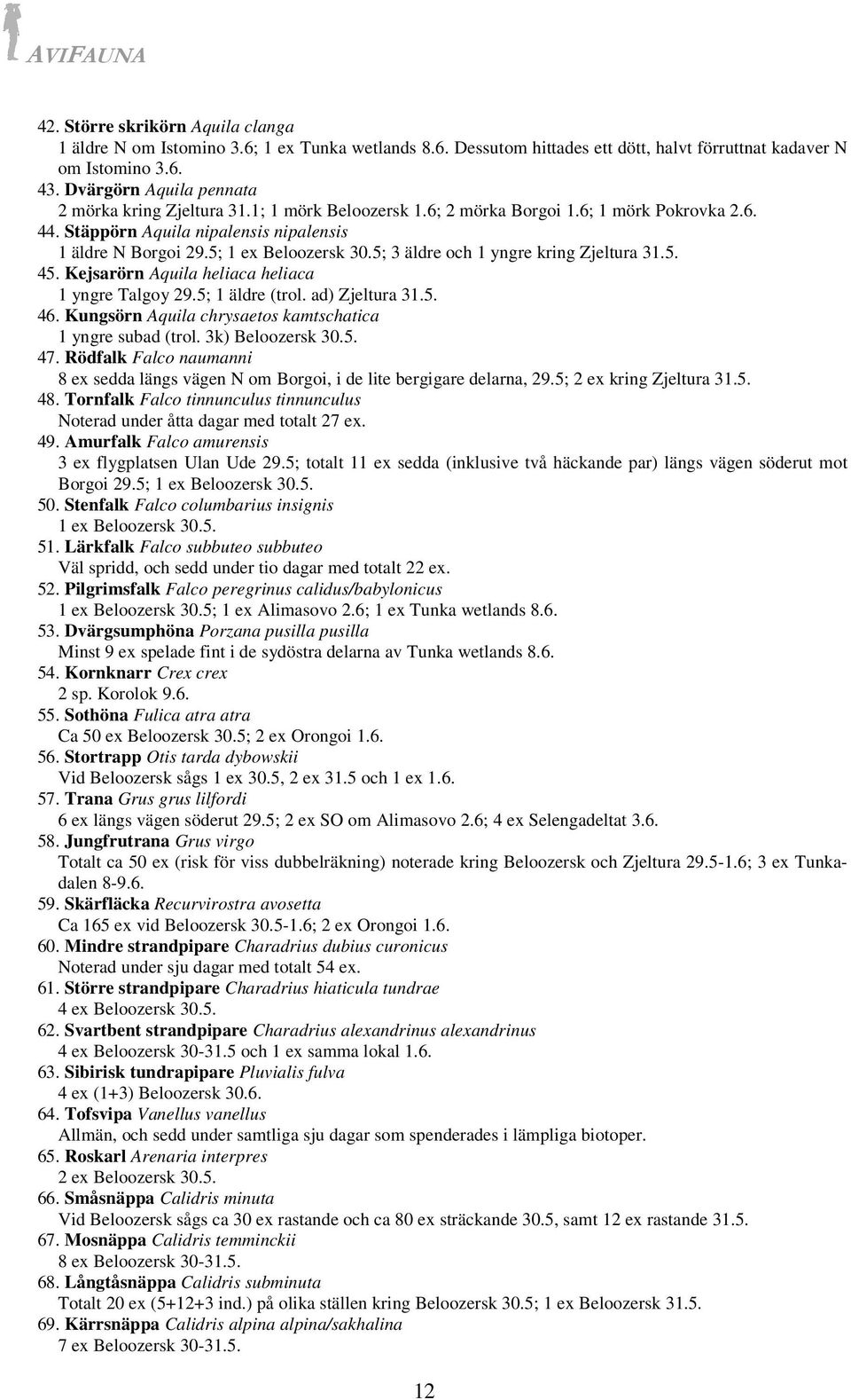 5; 1 ex Beloozersk 30.5; 3 äldre och 1 yngre kring Zjeltura 31.5. 45. Kejsarörn Aquila heliaca heliaca 1 yngre Talgoy 29.5; 1 äldre (trol. ad) Zjeltura 31.5. 46.