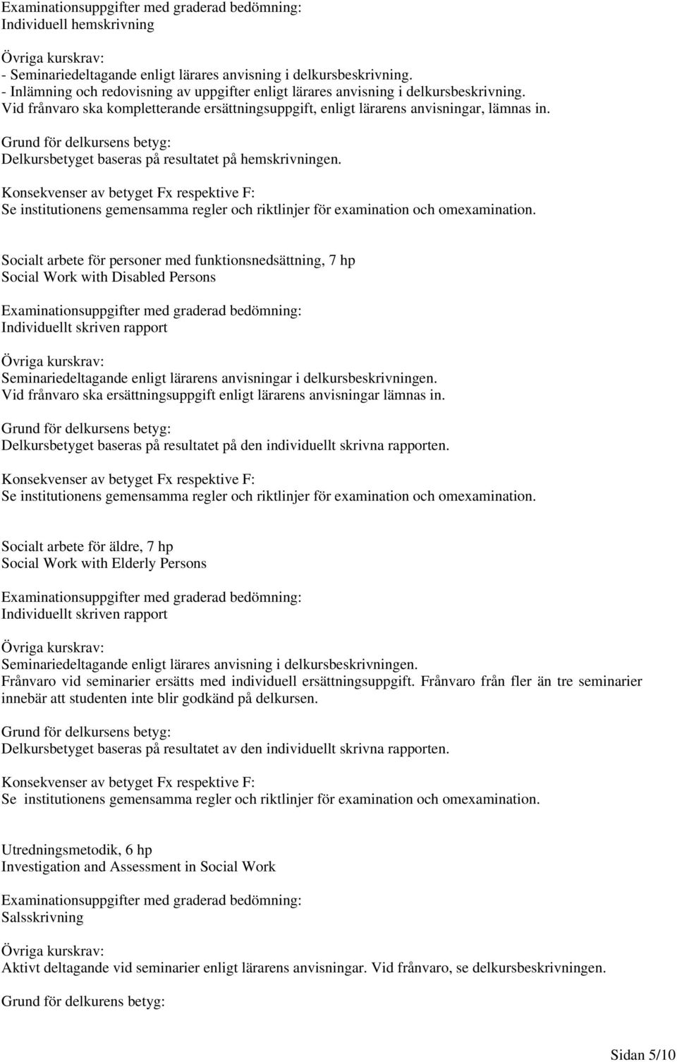 Delkursbetyget baseras på resultatet på hemskrivningen. Konsekvenser av betyget Fx respektive F: Se institutionens gemensamma regler och riktlinjer för examination och omexamination.