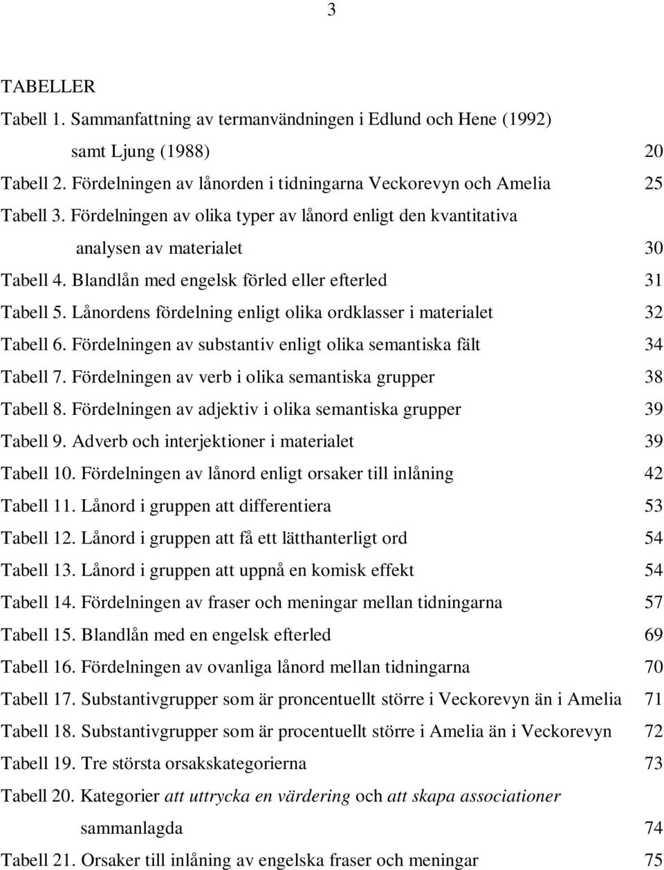 Lånordens fördelning enligt olika ordklasser i materialet 32 Tabell 6. Fördelningen av substantiv enligt olika semantiska fält 34 Tabell 7. Fördelningen av verb i olika semantiska grupper 38 Tabell 8.