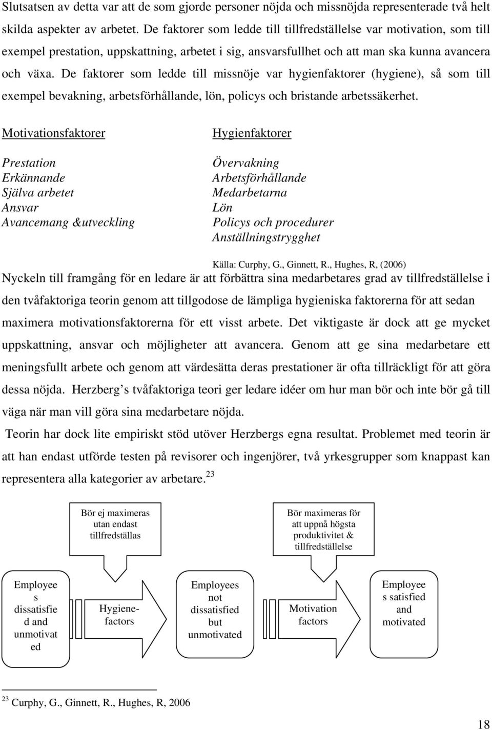 De faktorer som ledde till missnöje var hygienfaktorer (hygiene), så som till exempel bevakning, arbetsförhållande, lön, policys och bristande arbetssäkerhet.