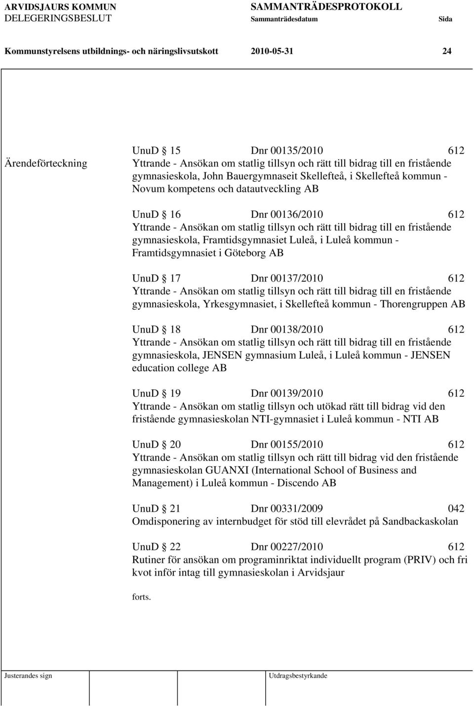 00136/2010 612 Yttrande - Ansökan om statlig tillsyn och rätt till bidrag till en fristående gymnasieskola, Framtidsgymnasiet Luleå, i Luleå kommun - Framtidsgymnasiet i Göteborg AB UnuD 17 Dnr