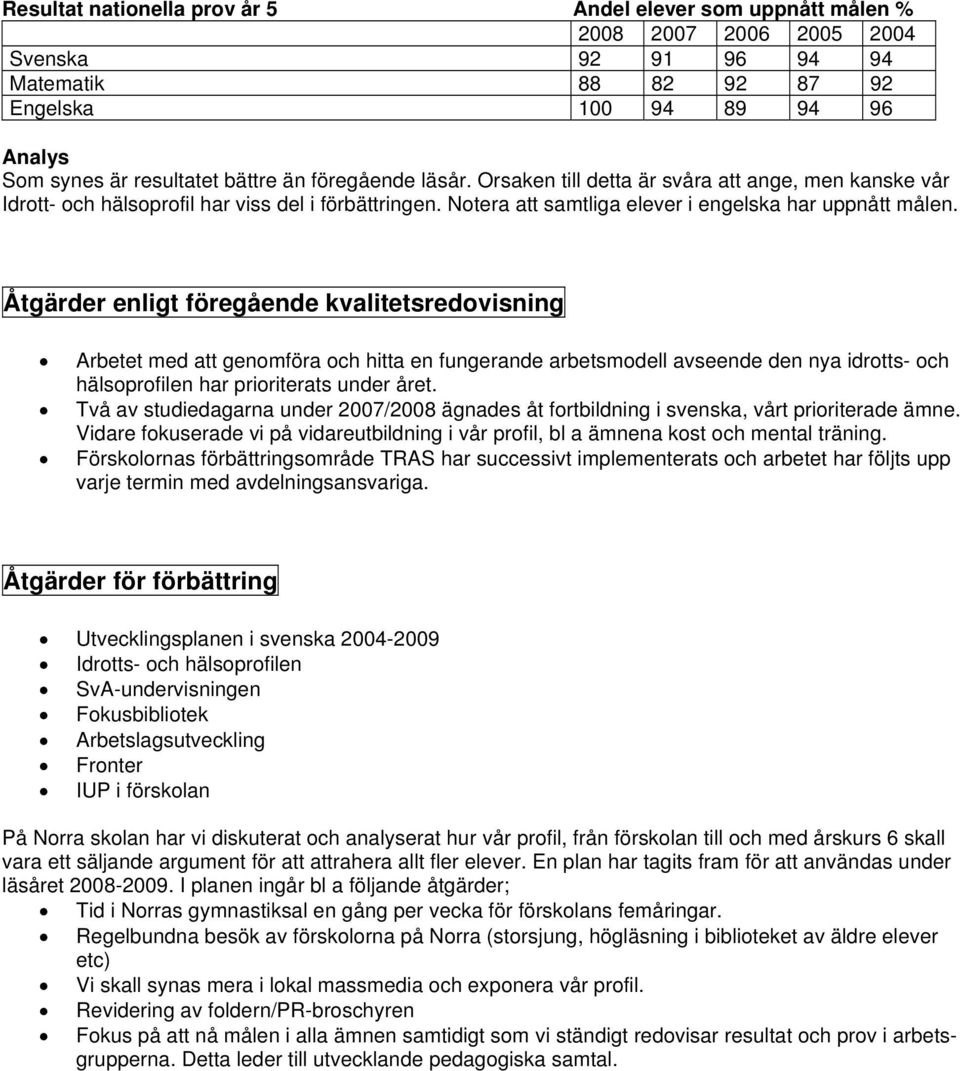 Åtgärder enligt föregående kvalitetsredovisning Arbetet med att genomföra och hitta en fungerande arbetsmodell avseende den nya idrotts- och hälsoprofilen har prioriterats under året.