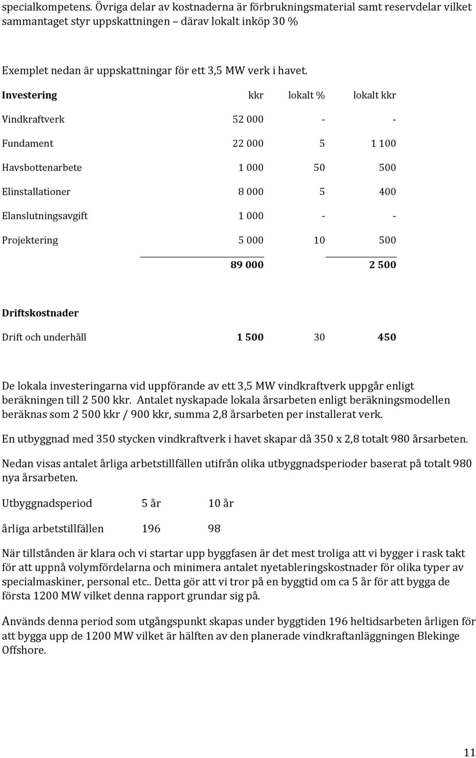 Investering kkr lokalt % lokalt kkr Vindkraftverk 52 000 Fundament 22 000 5 1 100 Havsbottenarbete 1 000 50 500 Elinstallationer 8 000 5 400 Elanslutningsavgift 1 000 Projektering 5 000 10 500 89 000