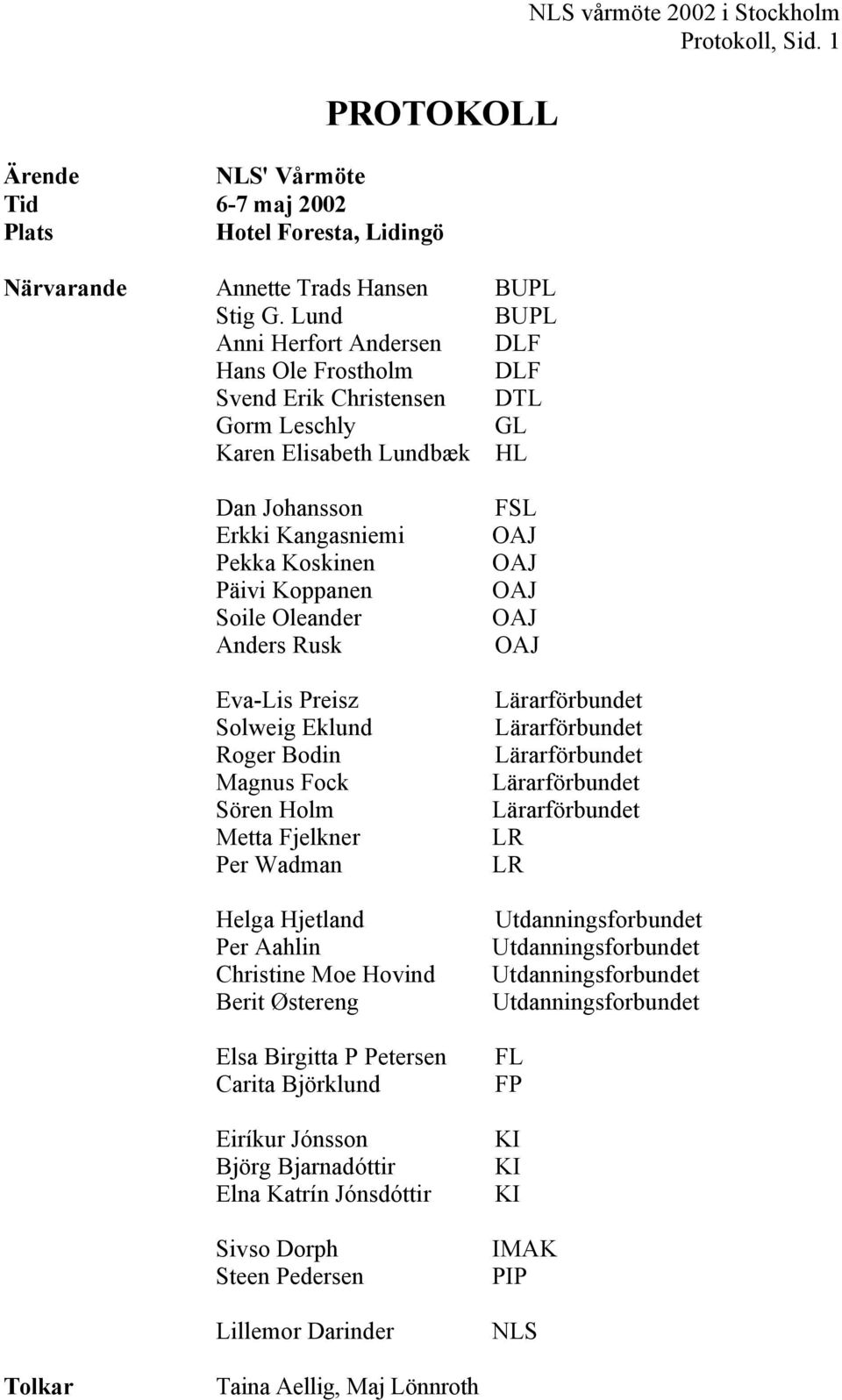 1 Dan Johansson Erkki Kangasniemi Pekka Koskinen Päivi Koppanen Soile Oleander Anders Rusk Eva-Lis Preisz Solweig Eklund Roger Bodin Magnus Fock Sören Holm Metta Fjelkner Per Wadman Helga Hjetland