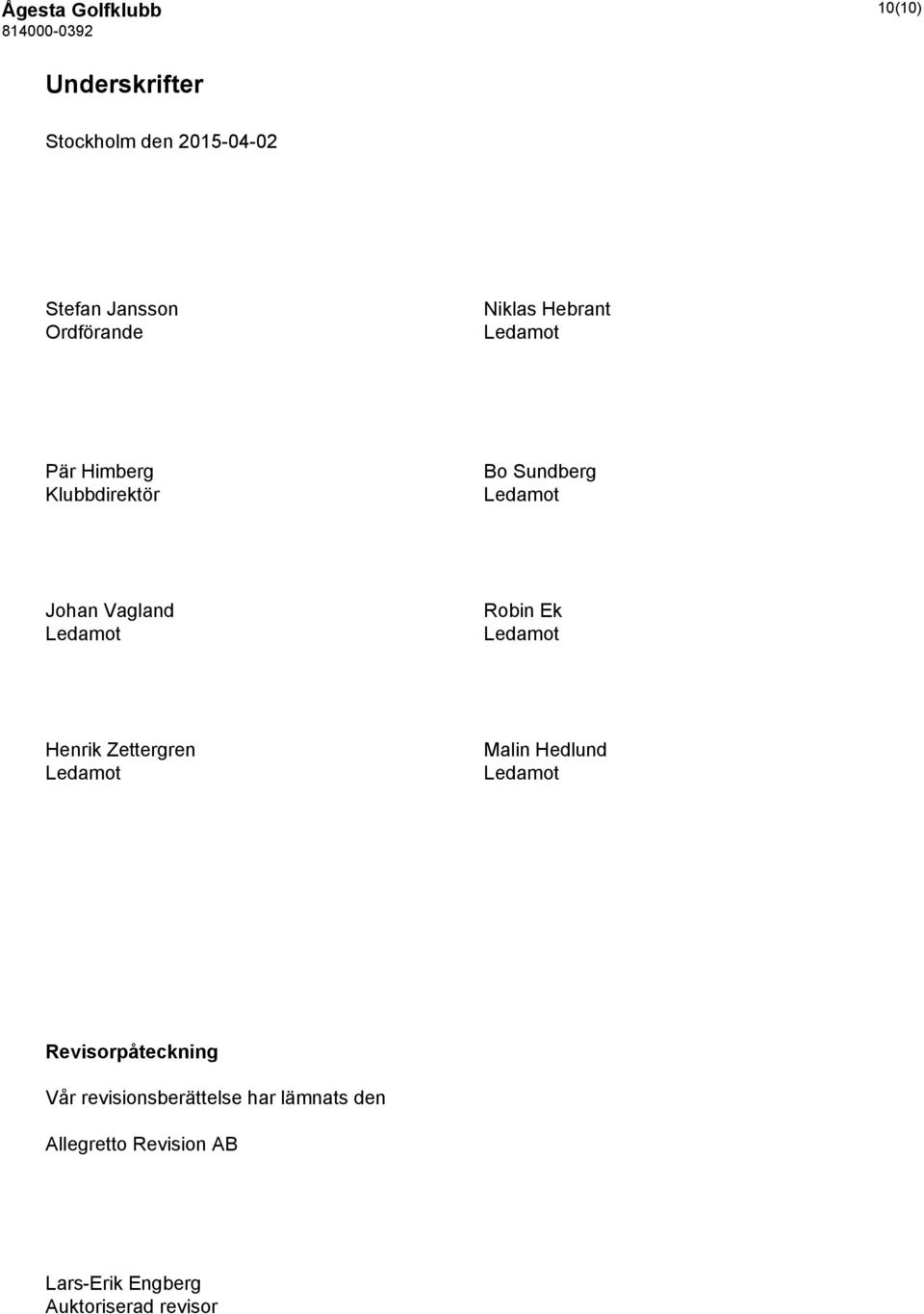 Robin Ek Ledamot Henrik Zettergren Ledamot Malin Hedlund Ledamot Revisorpåteckning Vår