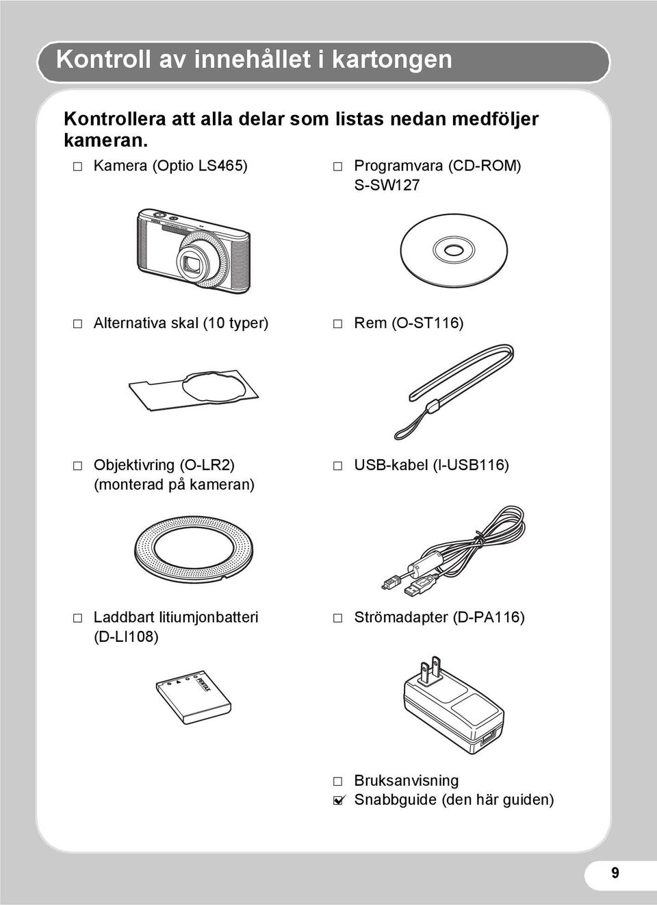 P Kamera (Optio LS465) P Programvara (CD-ROM) S-SW127 P Alternativa skal (10 typer) P Rem