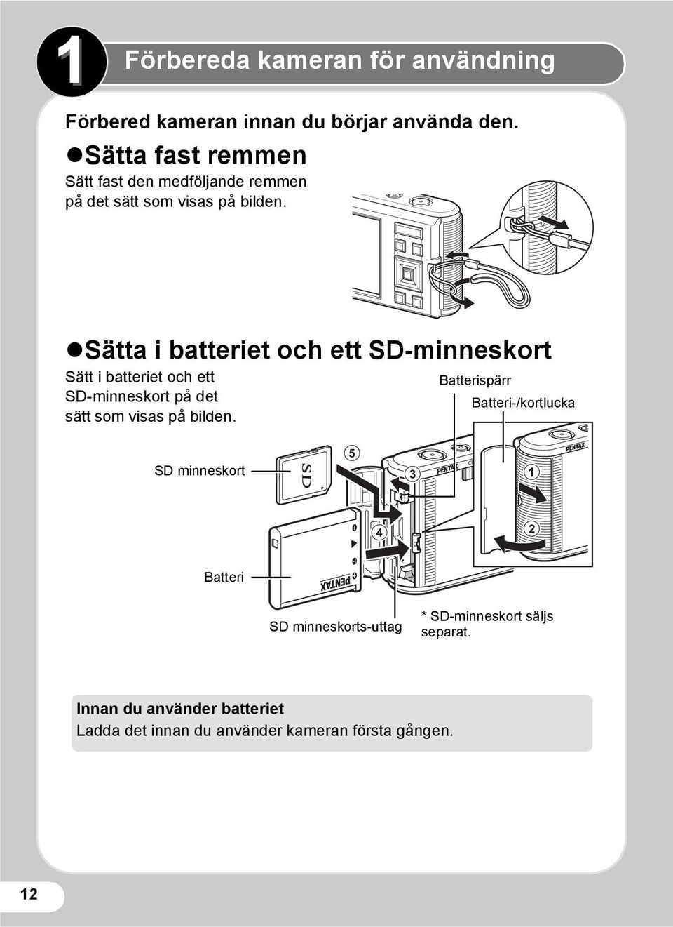 Sätta i batteriet och ett SD-minneskort Sätt i batteriet och ett SD-minneskort på det sätt som visas på bilden.