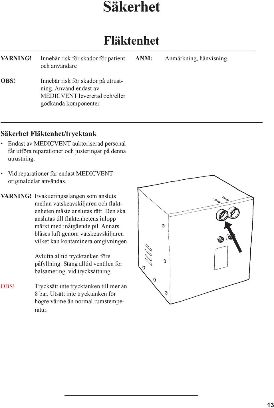Säkerhet Fläktenhet/trycktank Endast av MEDICVENT auktoriserad personal får utföra reparationer och justeringar på denna utrustning. Vid reparationer får endast MEDICVENT originaldelar användas.