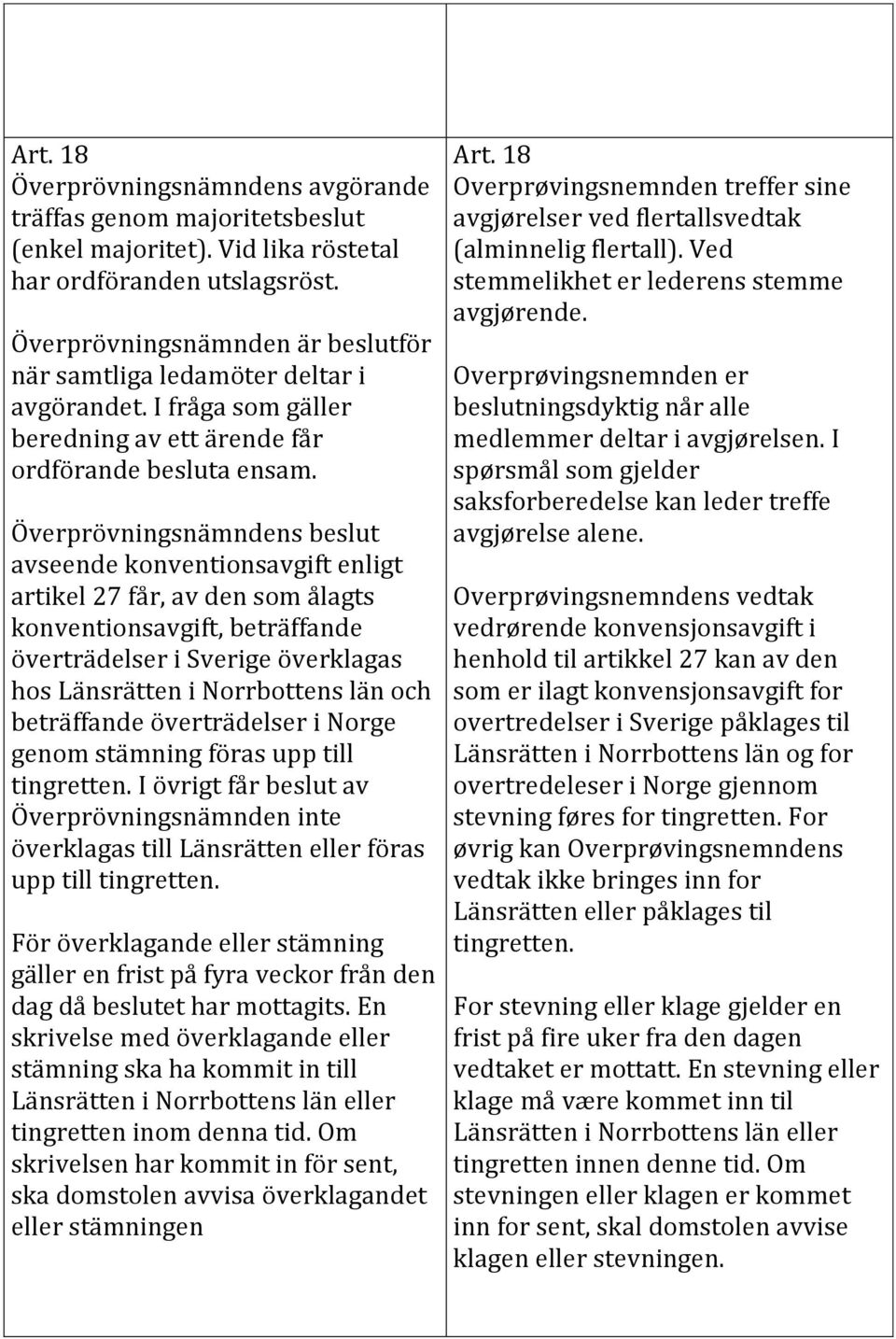 Överprövningsnämndens beslut avseende konventionsavgift enligt artikel 27 får, av den som ålagts konventionsavgift, beträffande överträdelser i Sverige överklagas hos Länsrätten i Norrbottens län och