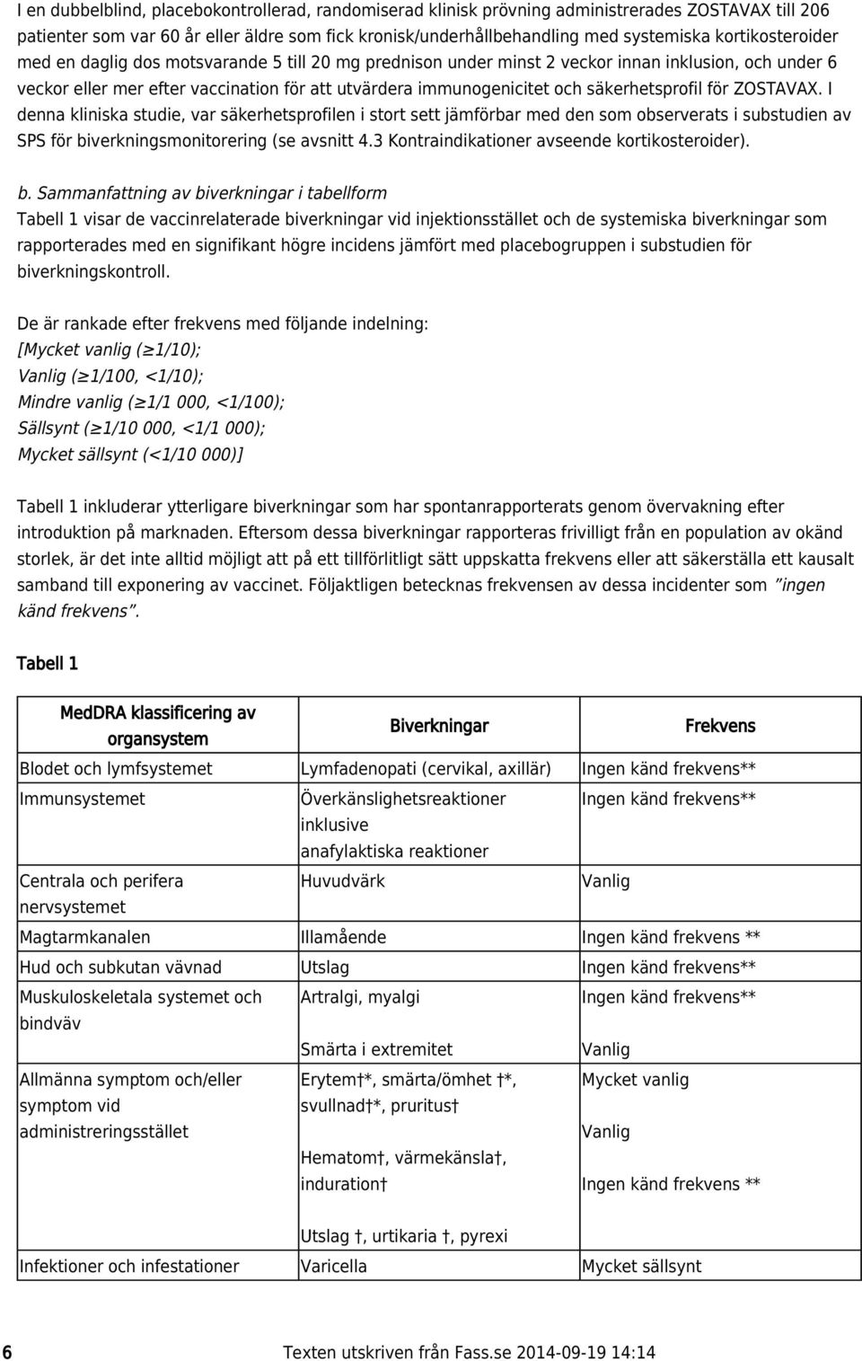 säkerhetsprofil för ZOSTAVAX. I denna kliniska studie, var säkerhetsprofilen i stort sett jämförbar med den som observerats i substudien av SPS för biverkningsmonitorering (se avsnitt 4.