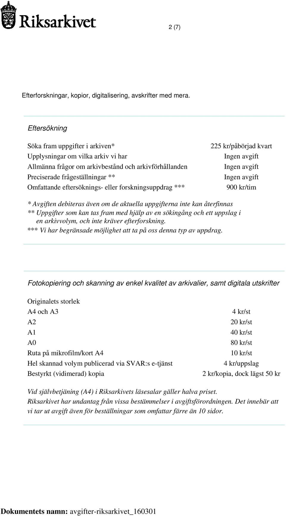 forskningsuppdrag *** 225 kr/påbörjad kvart * Avgiften debiteras även om de aktuella uppgifterna inte kan återfinnas ** Uppgifter som kan tas fram med hjälp av en sökingång och ett uppslag i en