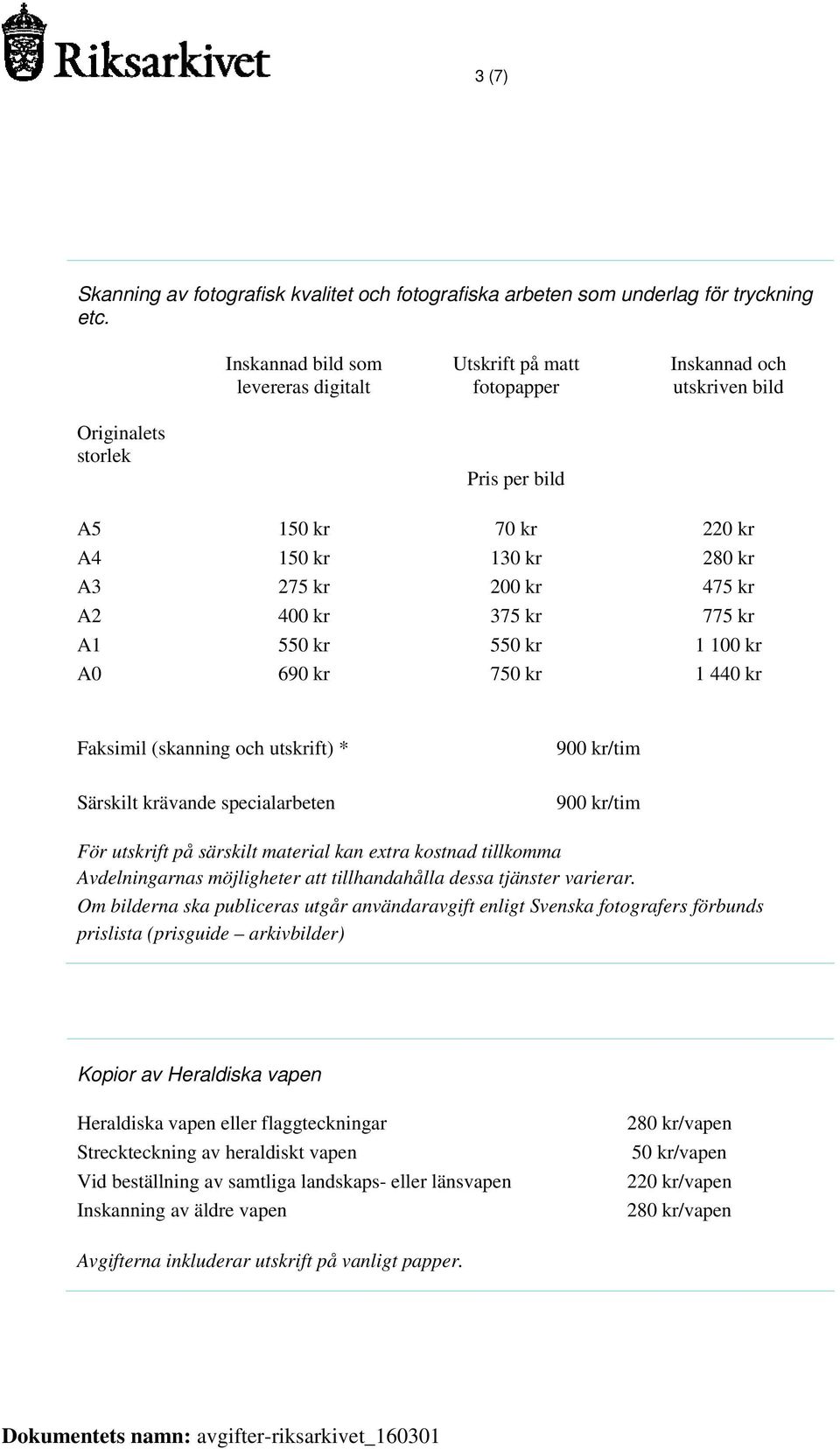 A2 400 kr 375 kr 775 kr A1 550 kr 550 kr 1 100 kr A0 690 kr 750 kr 1 440 kr Faksimil (skanning och utskrift) * Särskilt krävande specialarbeten För utskrift på särskilt material kan extra kostnad