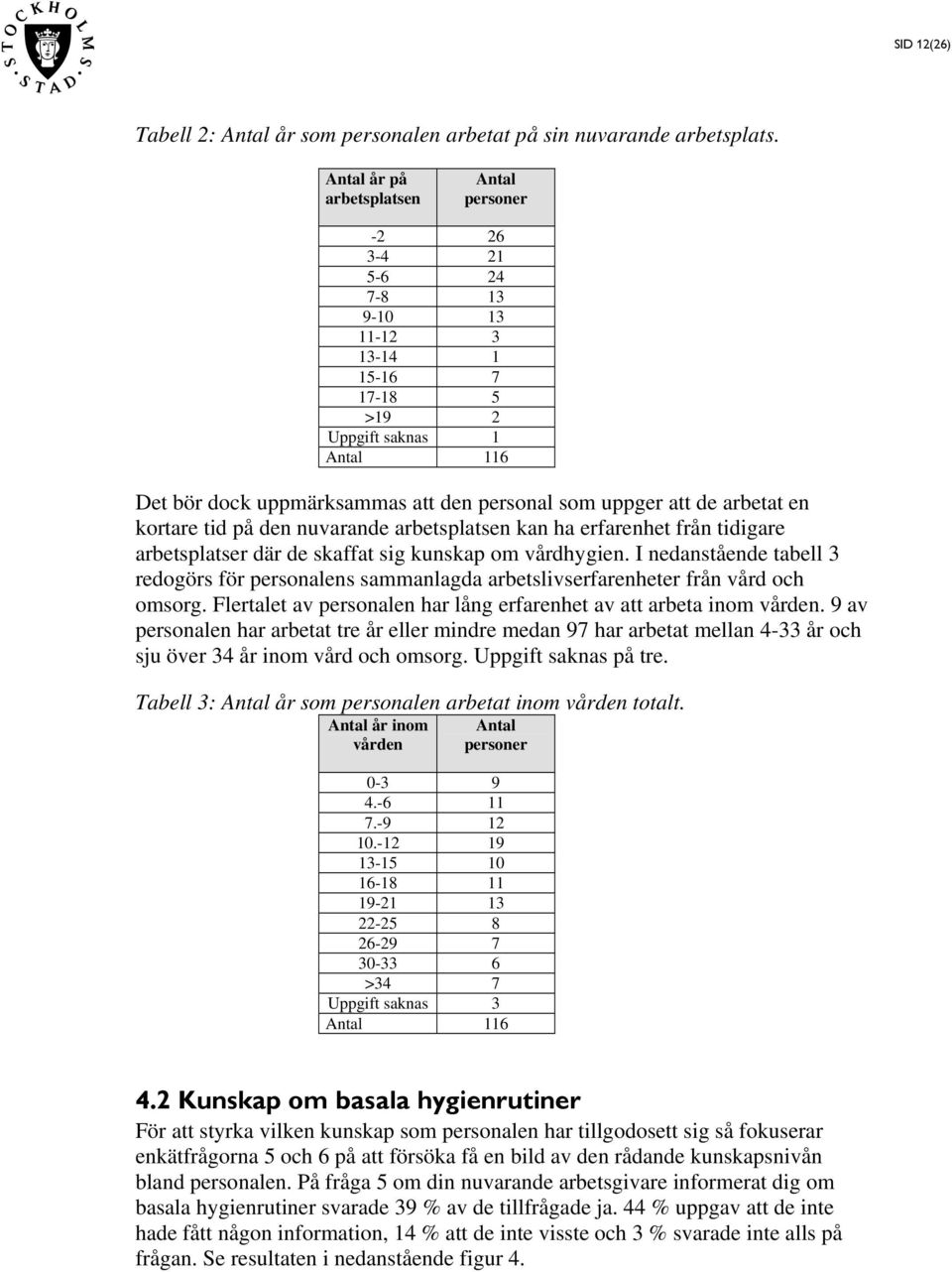 de arbetat en kortare tid på den nuvarande arbetsplatsen kan ha erfarenhet från tidigare arbetsplatser där de skaffat sig kunskap om vårdhygien.