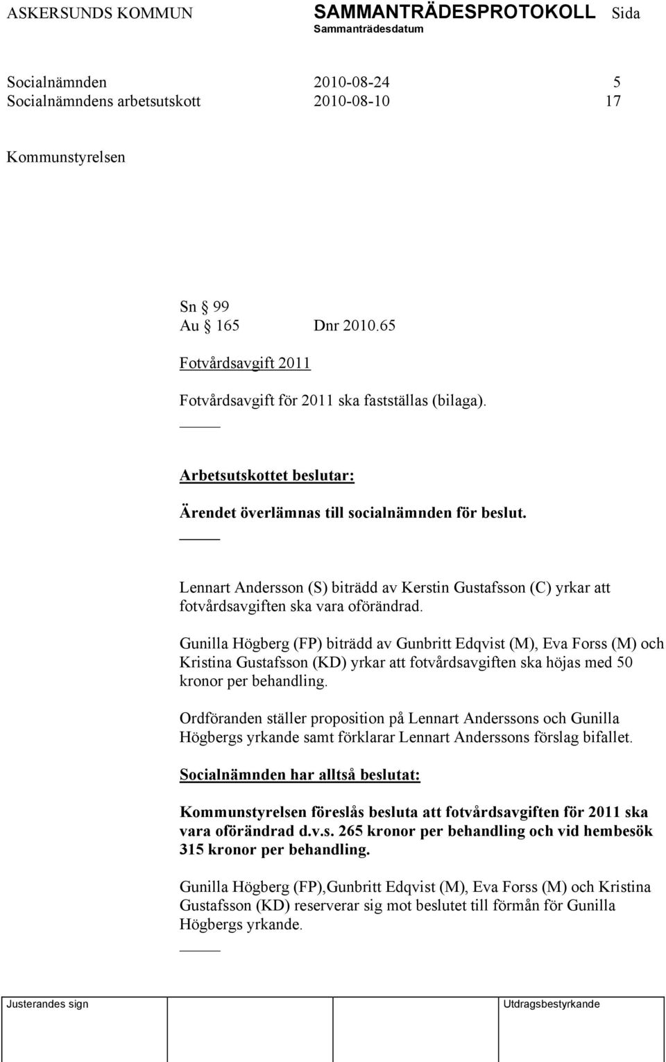 Gunilla Högberg (FP) biträdd av Gunbritt Edqvist (M), Eva Forss (M) och Kristina Gustafsson (KD) yrkar att fotvårdsavgiften ska höjas med 50 kronor per behandling.