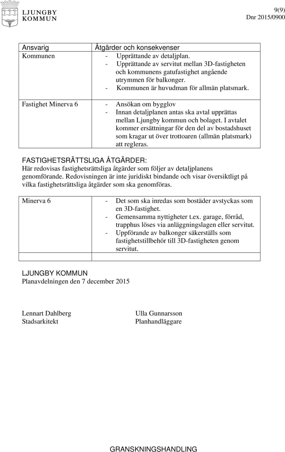 I avtalet kommer ersättningar för den del av bostadshuset som kragar ut över trottoaren (allmän platsmark) att regleras.