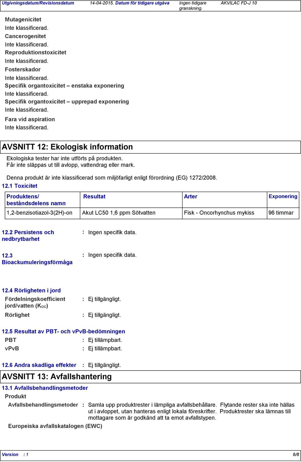 vid aspiration AVSNITT 12 Ekologisk information Ekologiska tester har inte utförts på produkten. Får inte släppas ut till avlopp, vattendrag eller mark.