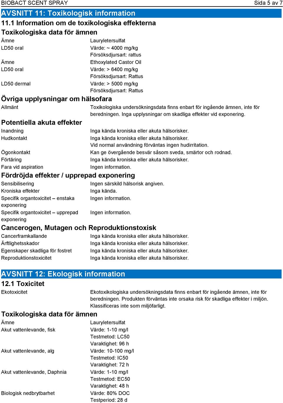 effekter Inandning Hudkontakt Ögonkontakt Förtäring Fara vid aspiration Värde: ~ 4000 mg/kg Försöksdjursart: rattus Ethoxylated Castor Oil Värde: > 6400 mg/kg Försöksdjursart: Rattus Värde: > 5000