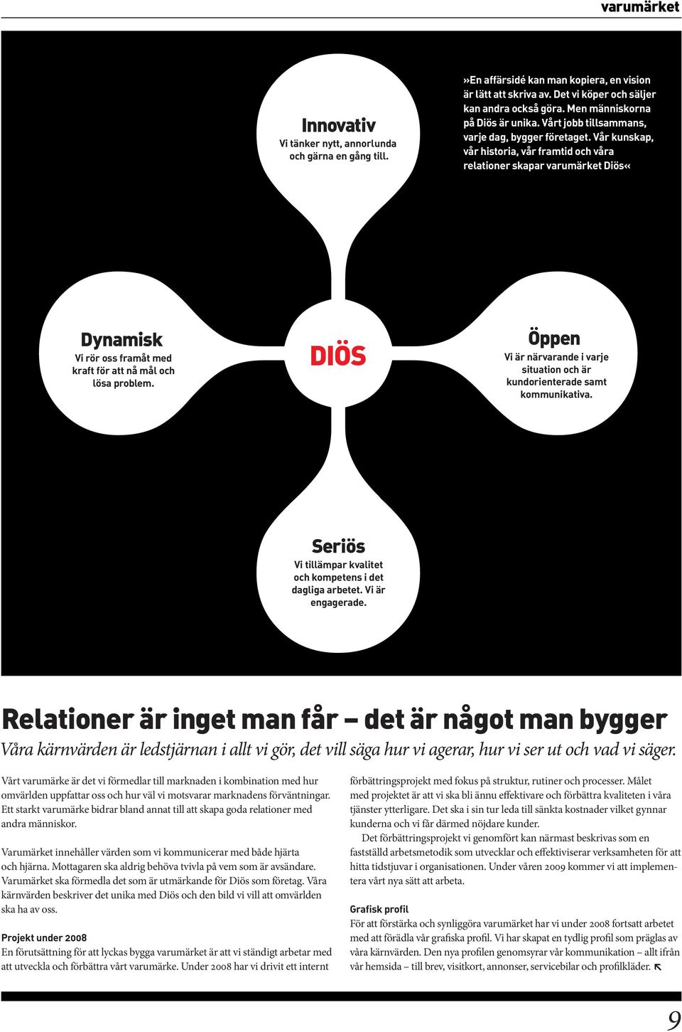 Vår kunskap, vår historia, vår framtid och våra relationer skapar varumärket Diös«Dynamisk DIÖS Vi rör oss framåt med kraft för att nå mål och lösa problem.