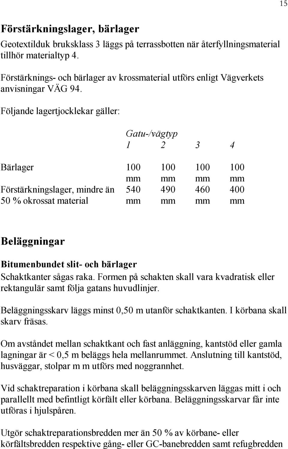 Följande lagertjocklekar gäller: Gatu-/vägtyp 1 2 3 4 15 Bärlager 100 mm Förstärkningslager, mindre än 540 50 % okrossat material mm 100 mm 490 mm 100 mm 460 mm 100 mm 400 mm Beläggningar