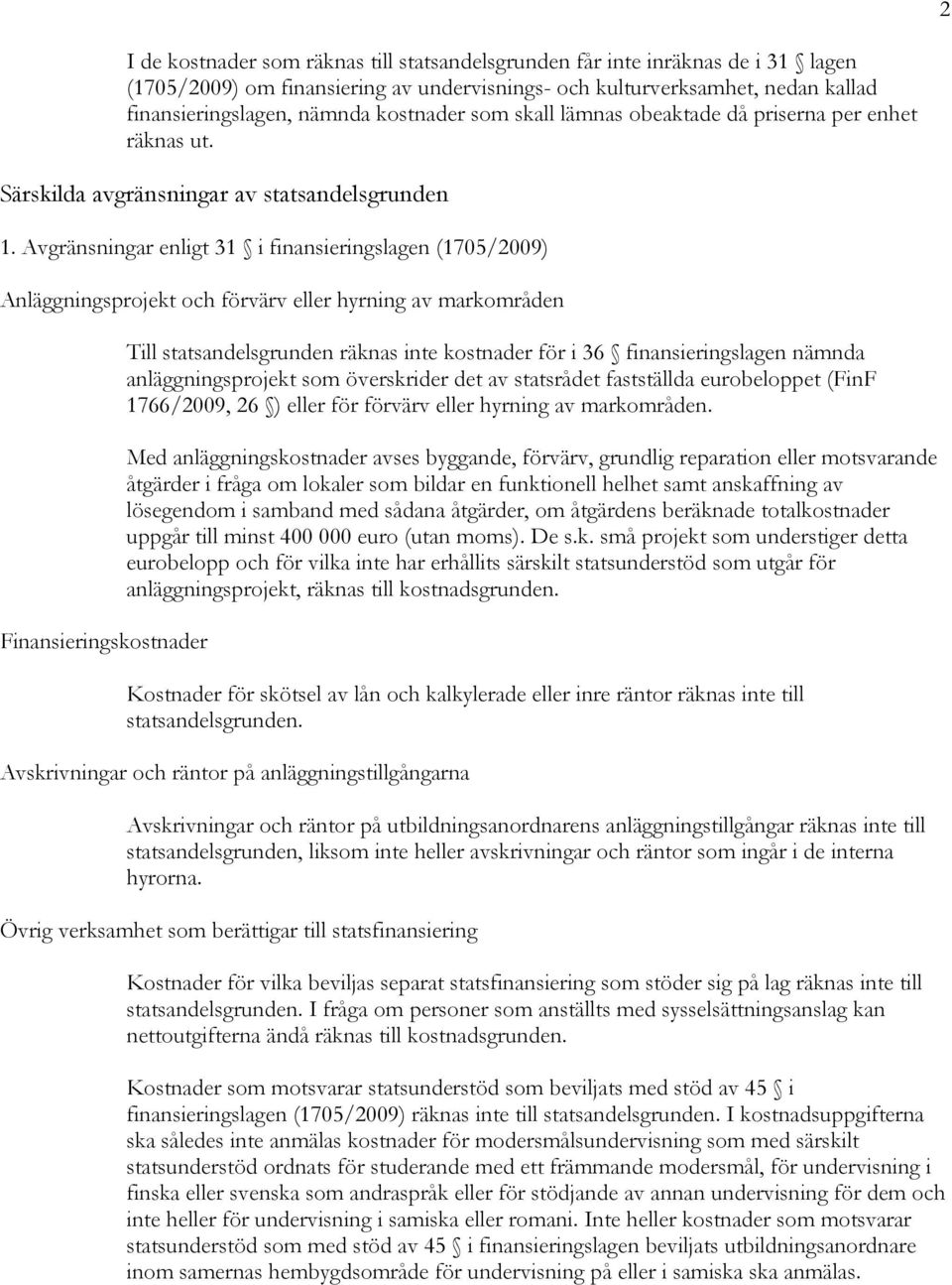 Avgränsningar enligt 31 i finansieringslagen (1705/2009) Anläggningsprojekt och förvärv eller hyrning av markområden Finansieringskostnader Till statsandelsgrunden räknas inte kostnader för i 36