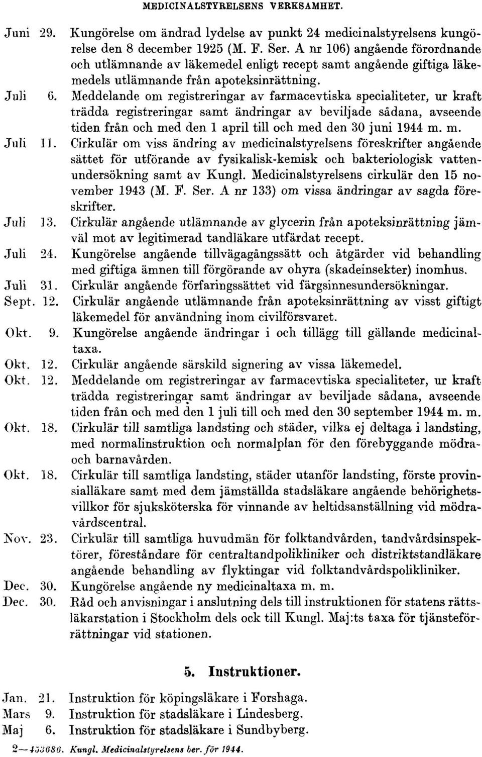 Meddelande om registreringar av farmacevtiska specialiteter, ur kraft trädda registreringar samt ändringar av beviljade sådana, avseende tiden från och med den 1 april till och med den 30 juni 1944 m.