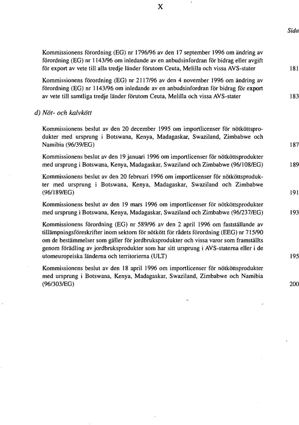 anbudsinfordran för bidrag för export av vete till samtliga tredje länder förutom Ceuta, Melilla och vissa AVS-stater 183 d) Nöt- och kalvkött Kommissionens beslut av den 20 december 1995 om