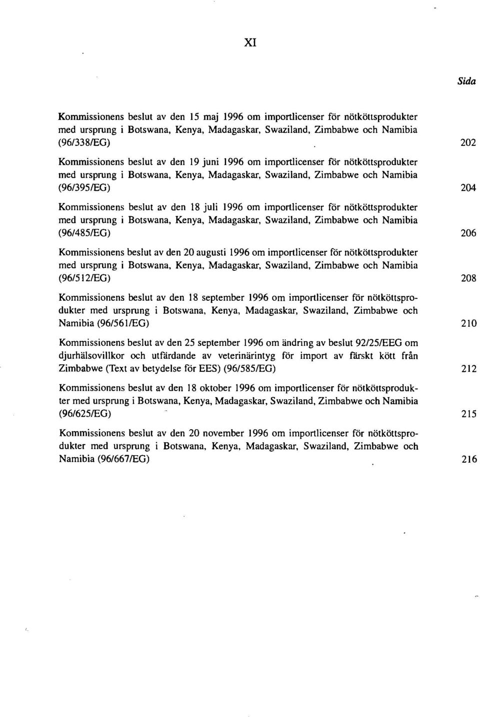 om importlicenser för nötköttsprodukter med ursprung i Botswana, Kenya, Madagaskar, Swaziland, Zimbabwe och Namibia (96/485/EG) 206 Kommissionens beslut av den 20 augusti 1996 om importlicenser för