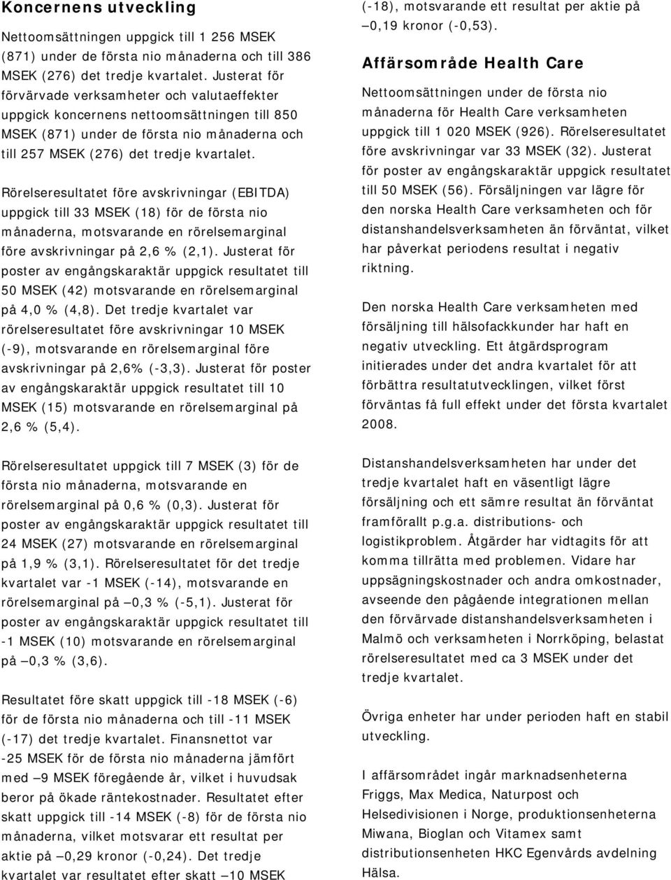 Rörelseresultatet före avskrivningar (EBITDA) uppgick till 33 MSEK (18) för de första nio månaderna, motsvarande en rörelsemarginal före avskrivningar på 2,6 % (2,1).