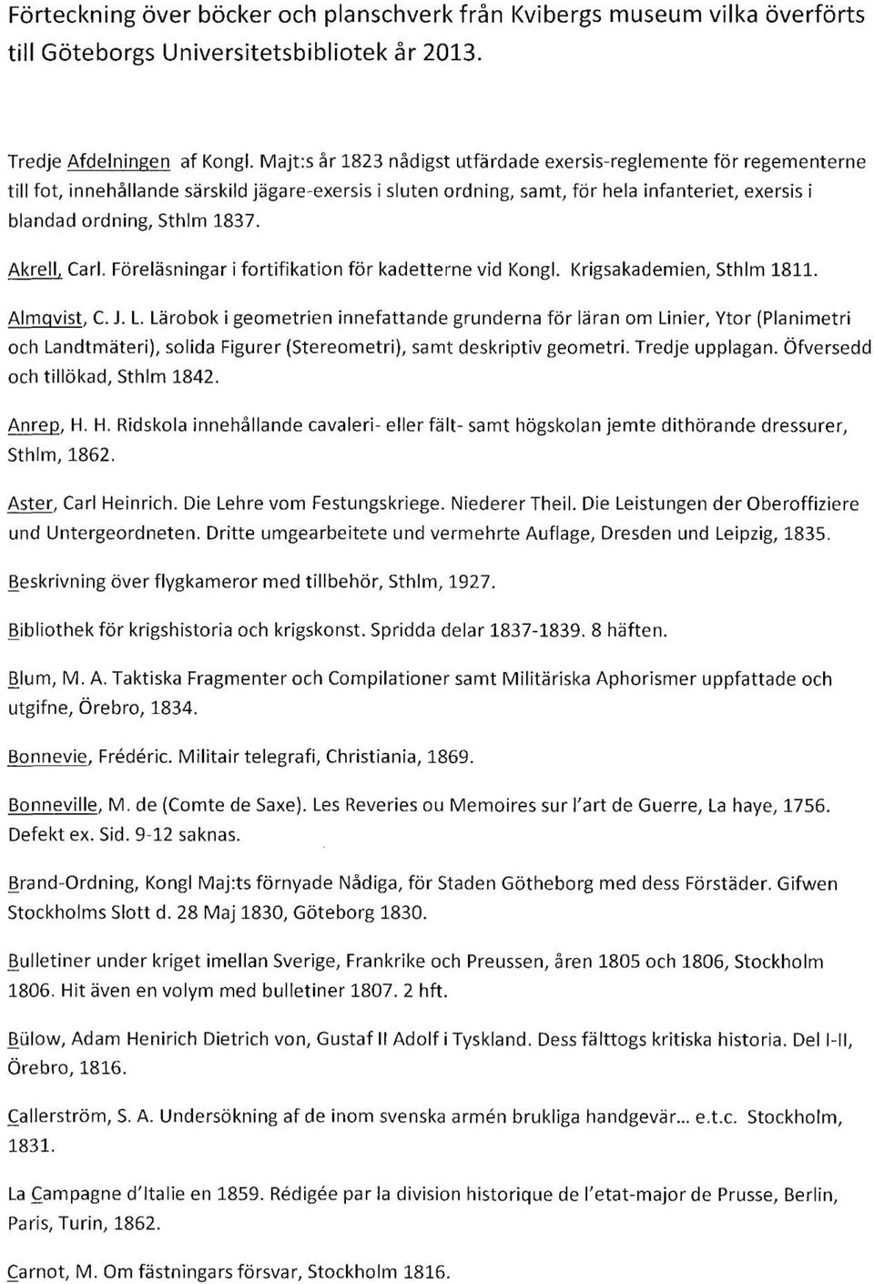 Akrell, Carl. Föreläsningar i fortifikation för kadetterne vid Kongl. Krigsakademien, Sthlm 1811. Almqvist, C. J. L.