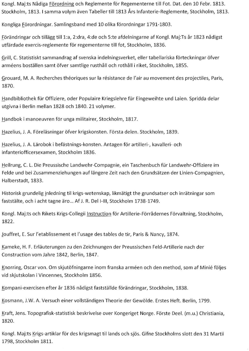 Maj:Ts år 1823 nådigst utfärdade exercis-reglemente för regementerne till fot, Stockholm, 1836. Grill, C.