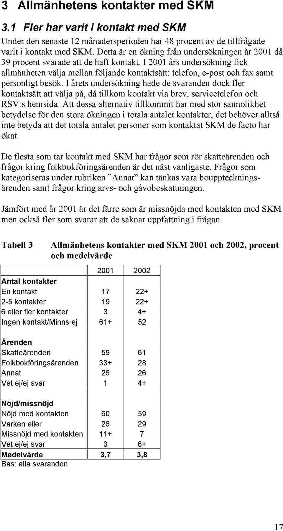 I 2001 års undersökning fick allmänheten välja mellan följande kontaktsätt: telefon, e-post och fax samt personligt besök.