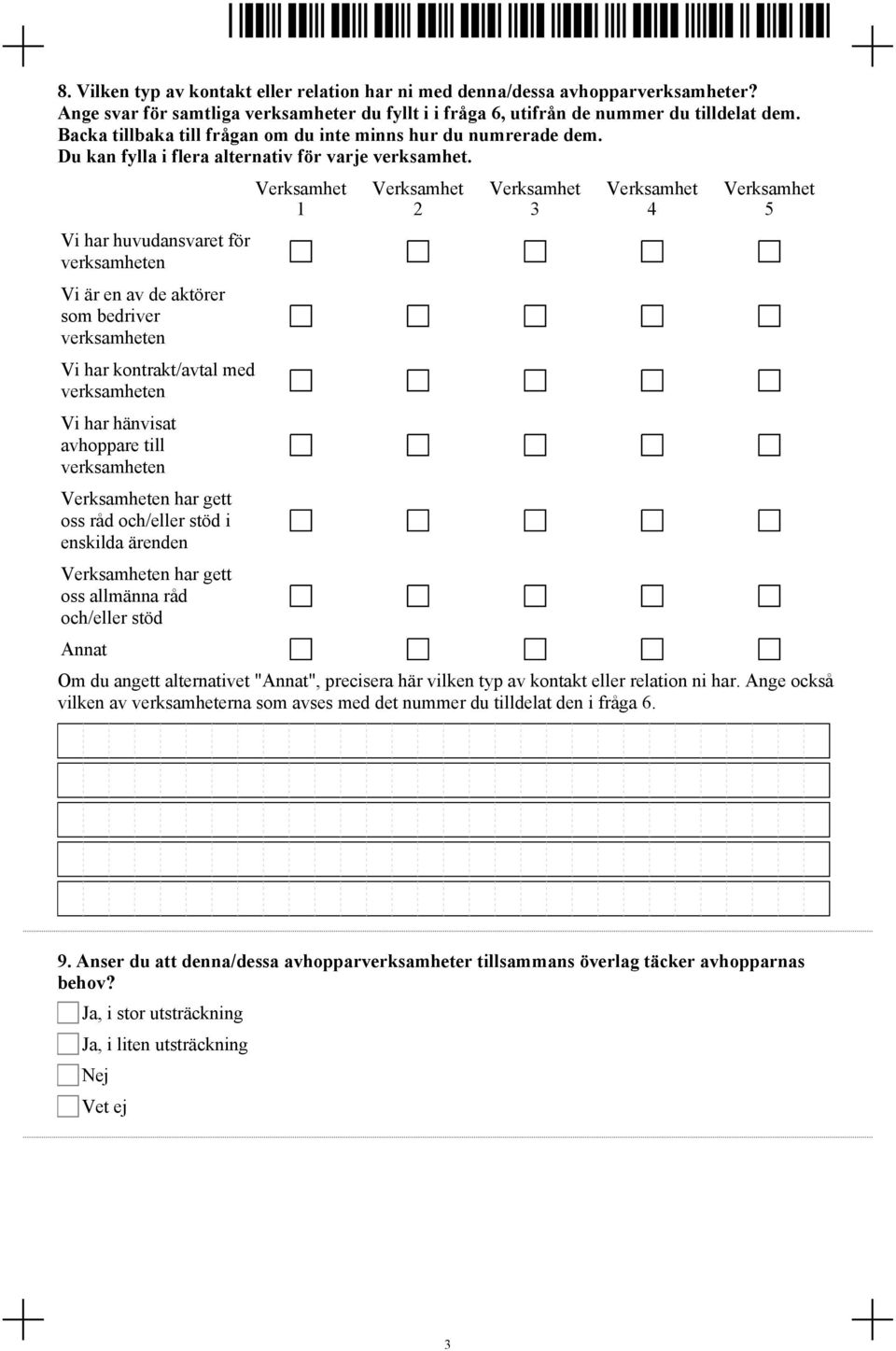 Vi har huvudansvaret för verksamheten Vi är en av de aktörer som bedriver verksamheten Vi har kontrakt/avtal med verksamheten Vi har hänvisat avhoppare till verksamheten Verksamheten har gett oss råd