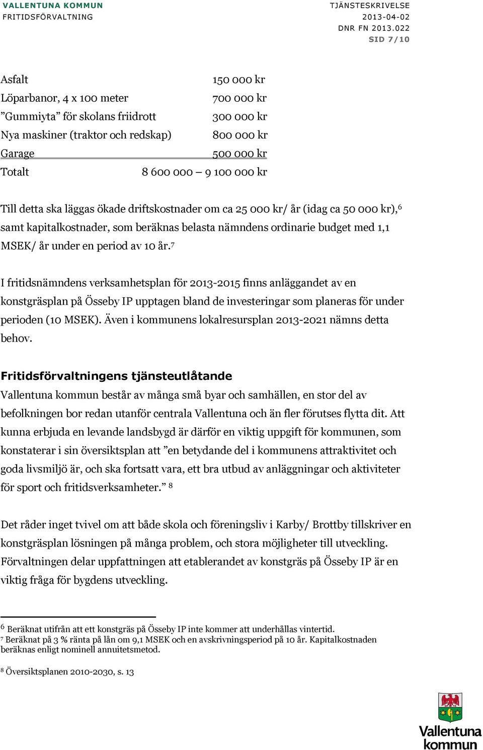7 I fritidsnämndens verksamhetsplan för 2013-2015 finns anläggandet av en konstgräsplan på Össeby IP upptagen bland de investeringar som planeras för under perioden (10 MSEK).
