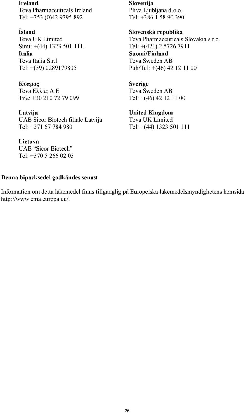r.o. Tel: +(421) 2 5726 7911 Suomi/Finland Teva Sweden AB Puh/Tel: +(46) 42 12 11 00 Sverige Teva Sweden AB Tel: +(46) 42 12 11 00 United Kingdom Teva UK Limited Tel: +(44) 1323 501 111