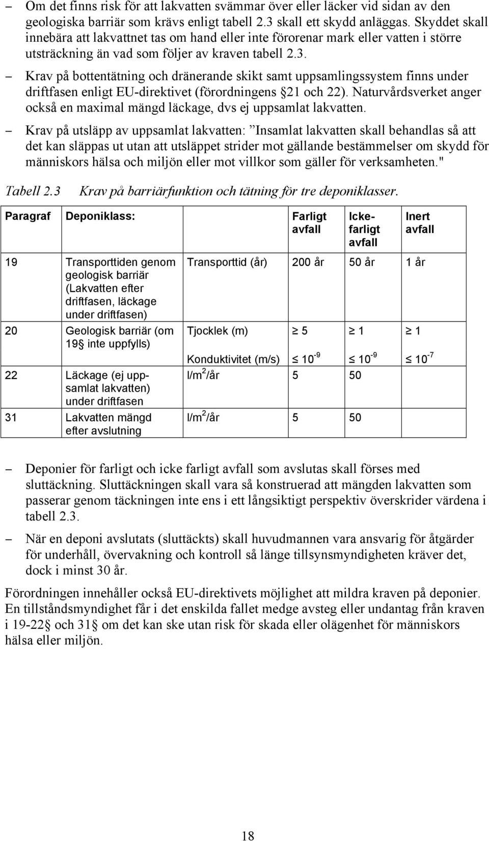 Krav på bottentätning och dränerande skikt samt uppsamlingssystem finns under driftfasen enligt EU-direktivet (förordningens 21 och 22).