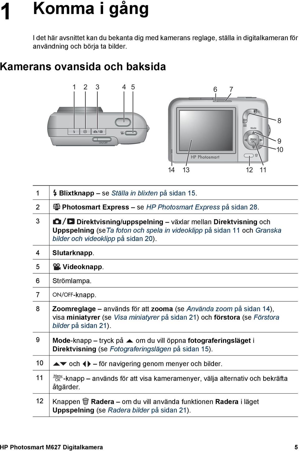 3 Direktvisning/uppspelning växlar mellan Direktvisning och Uppspelning (seta foton och spela in videoklipp på sidan 11 och Granska bilder och videoklipp på sidan 20). 4 Slutarknapp. 5 Videoknapp.