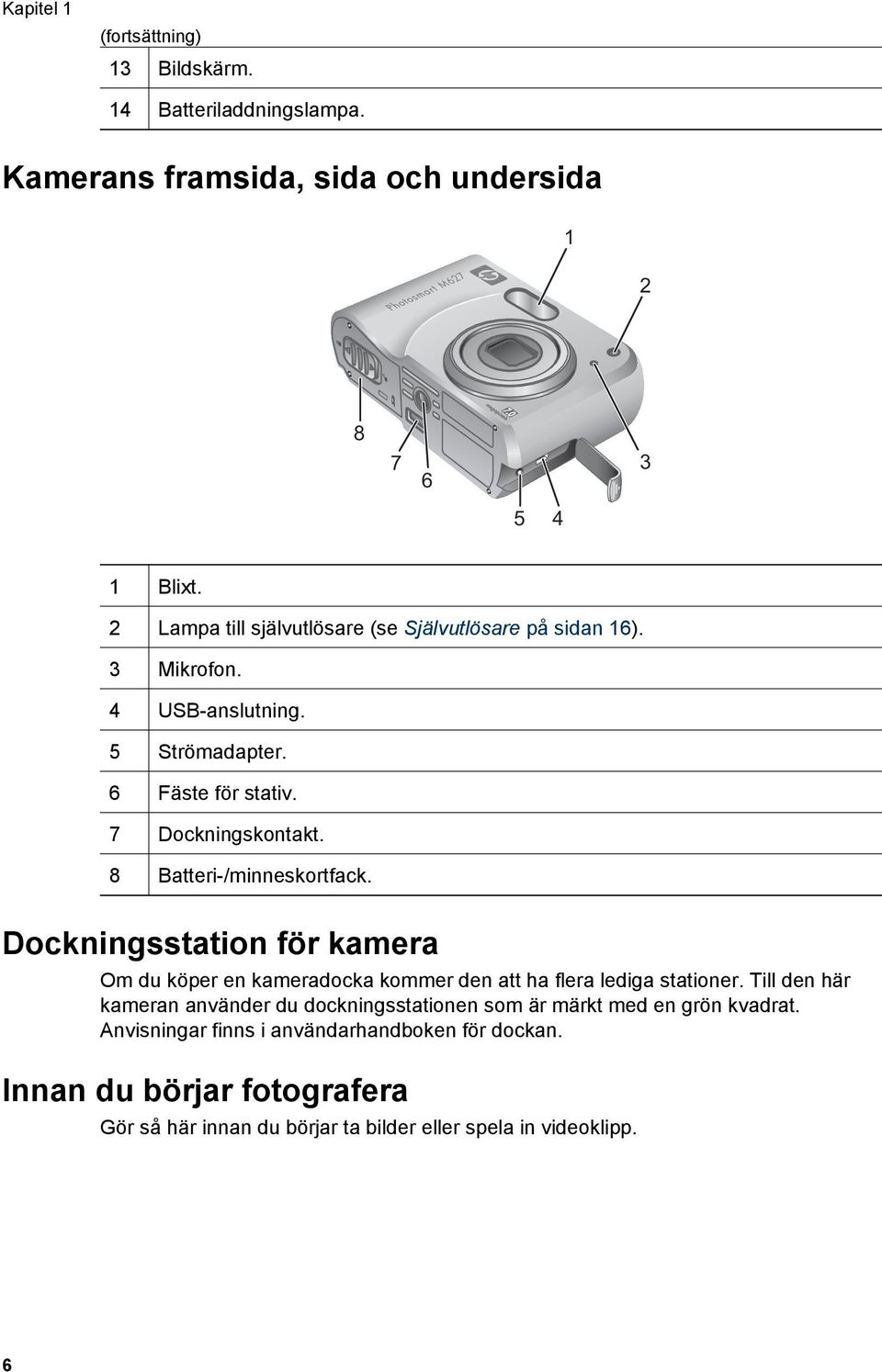 8 Batteri-/minneskortfack. Dockningsstation för kamera Om du köper en kameradocka kommer den att ha flera lediga stationer.