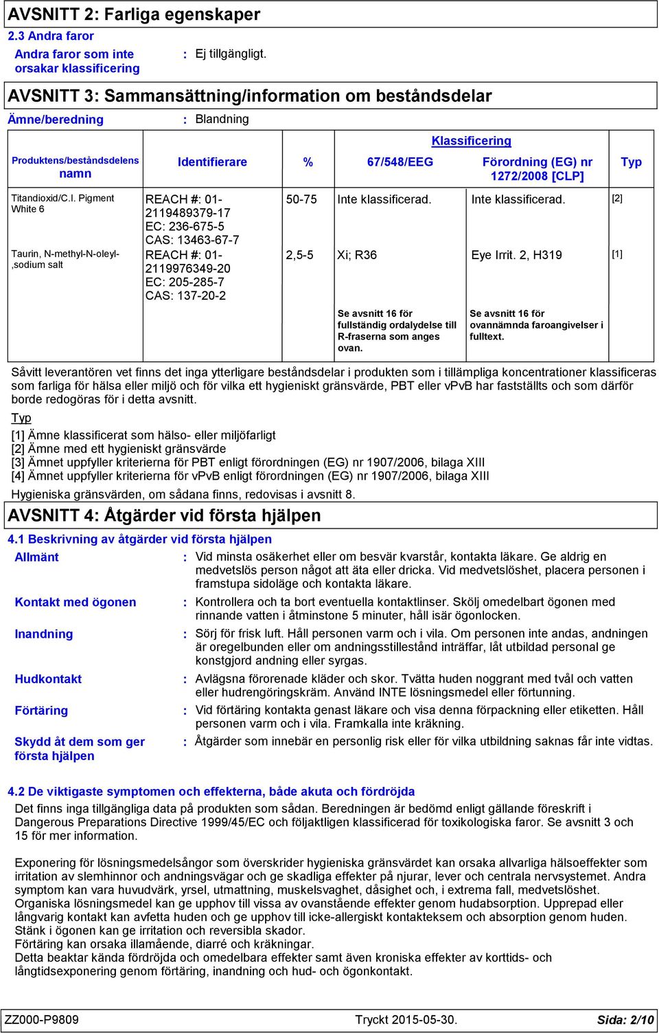 Pigment White 6 Taurin, NmethylNoleyl,sodium salt Blandning Identifierare REACH # 01 211948937917 EC 2366755 CAS 13463677 REACH # 01 211997634920 EC 2052857 CAS 137202 Hygieniska gränsvärden, om