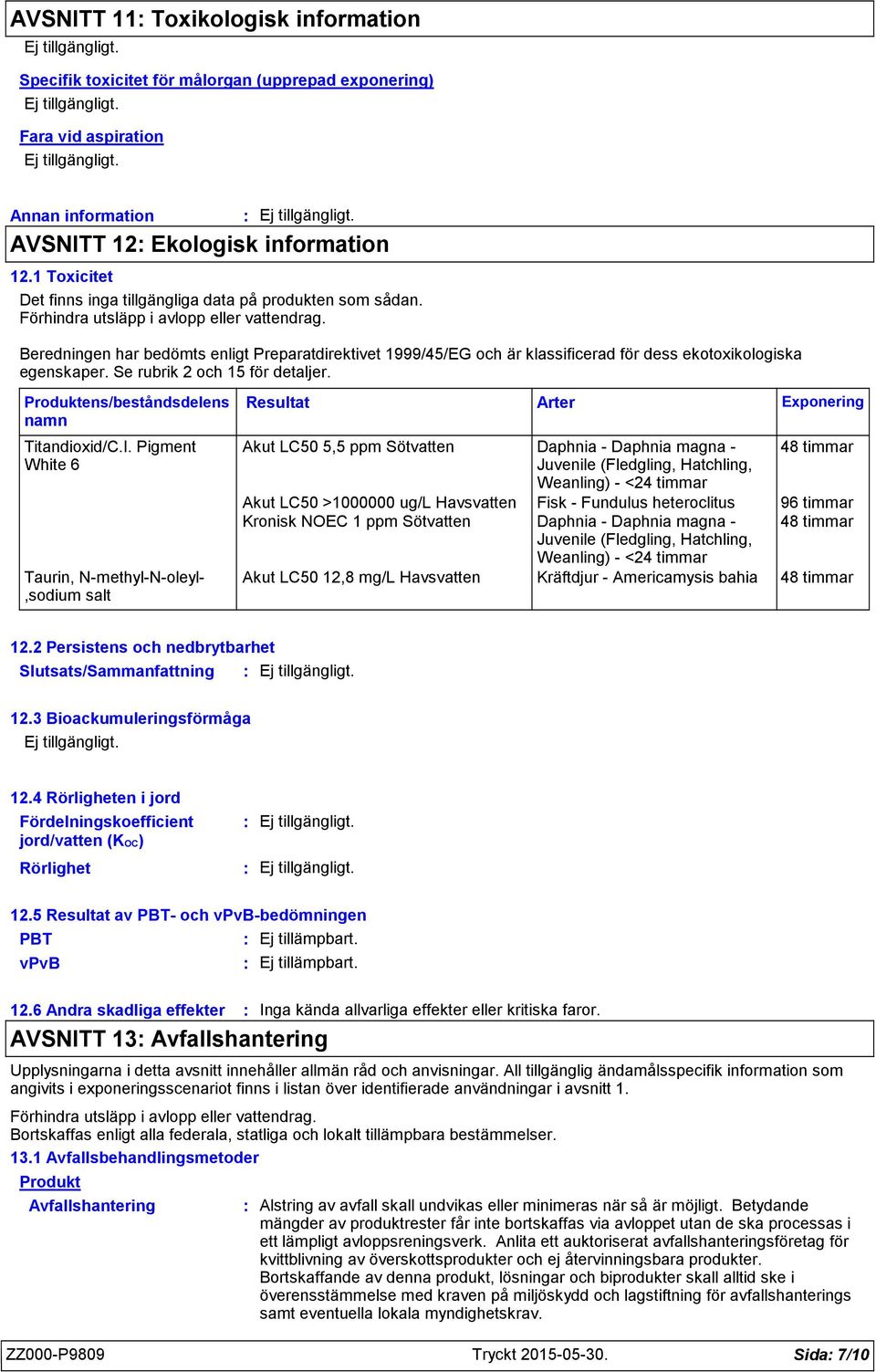 Beredningen har bedömts enligt Preparatdirektivet 1999/45/EG och är klassificerad för dess ekotoxikologiska egenskaper. Se rubrik 2 och 15 för detaljer. Titandioxid/C.I.