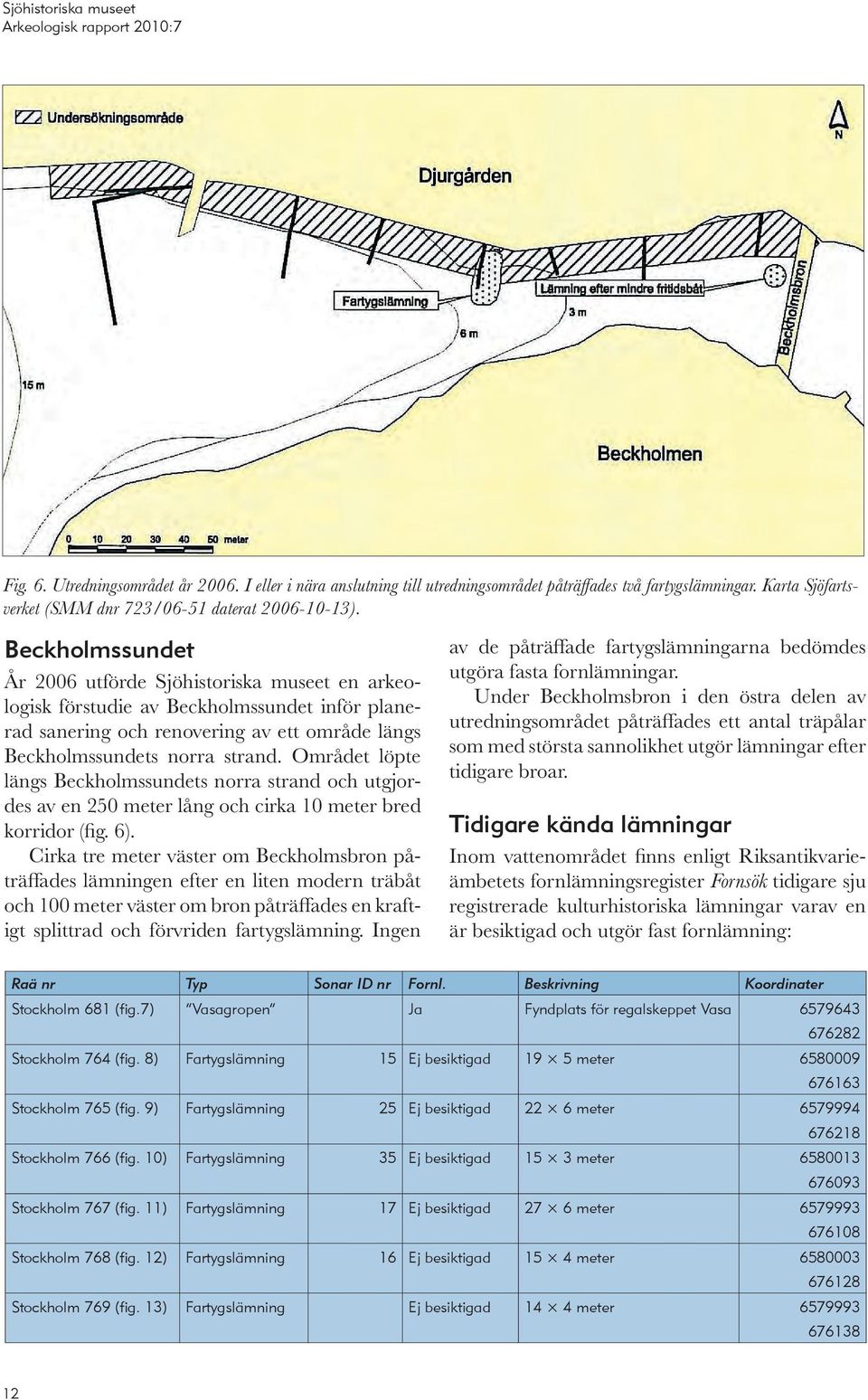 Området löpte längs Beckholmssundets norra strand och utgjordes av en 250 meter lång och cirka 10 meter bred korridor (fig. 6).