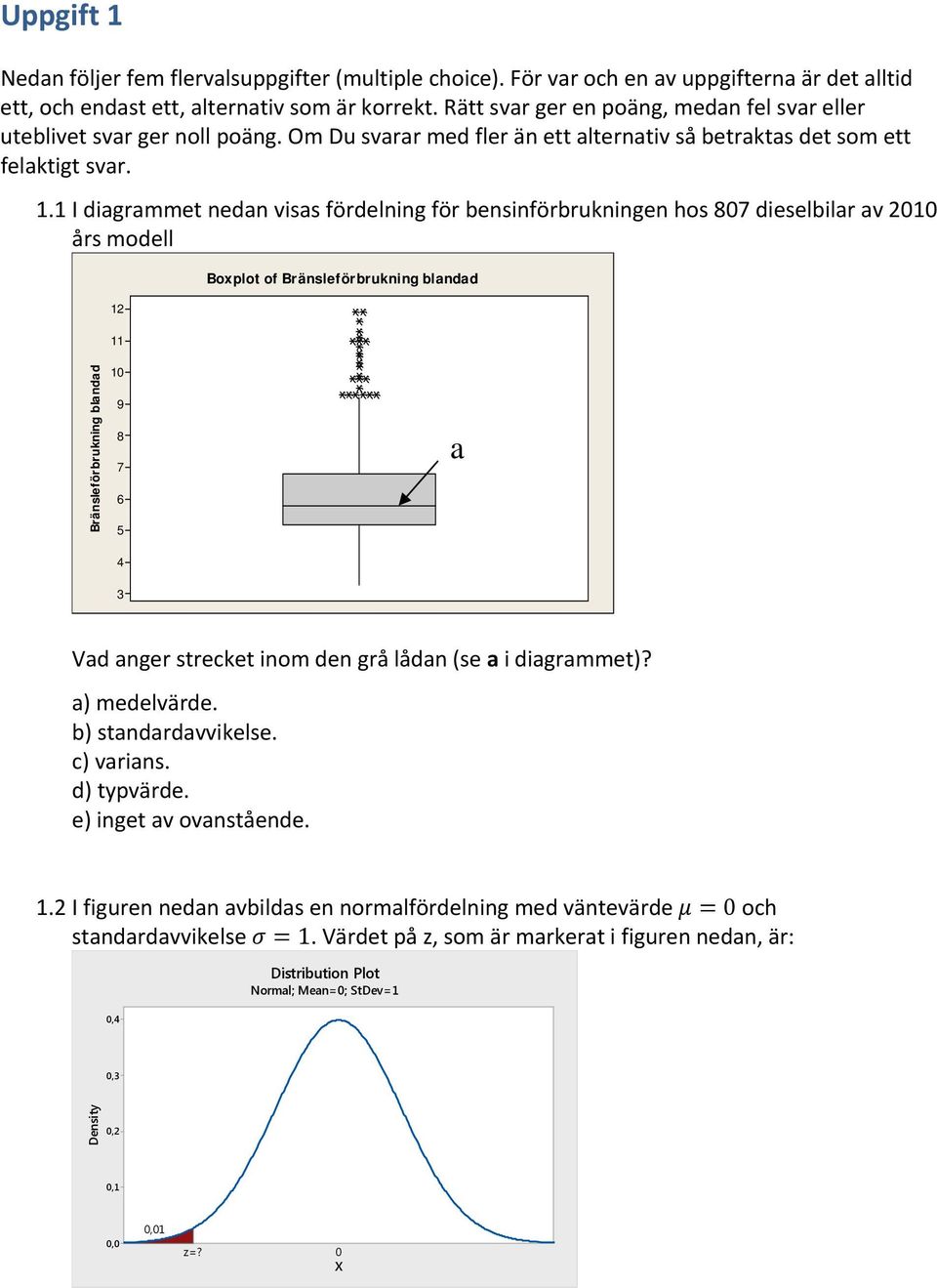 1 I diagrammet nedan visas fördelning för bensinförbrukningen hos 807 dieselbilar av 2010 års modell 12 11 Boxplot of Bränsleförbrukning blandad Bränsleförbrukning blandad 10 9 8 7 6 5 4 a 3 Vad