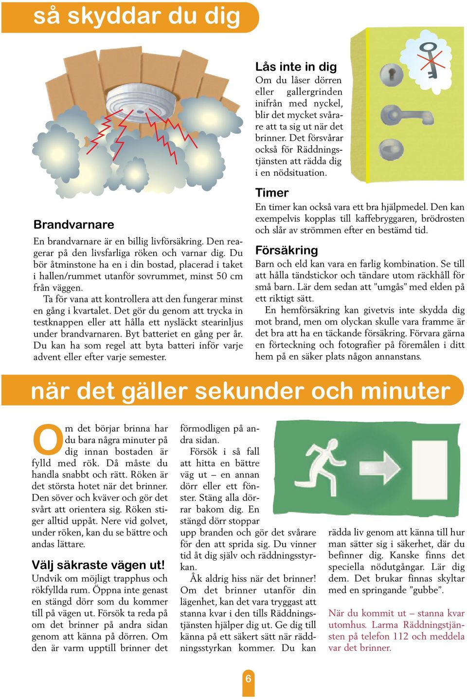 Det gör du genom att trycka in testknappen eller att hålla ett nysläckt stearinljus under brandvarnaren. Byt batteriet en gång per år.