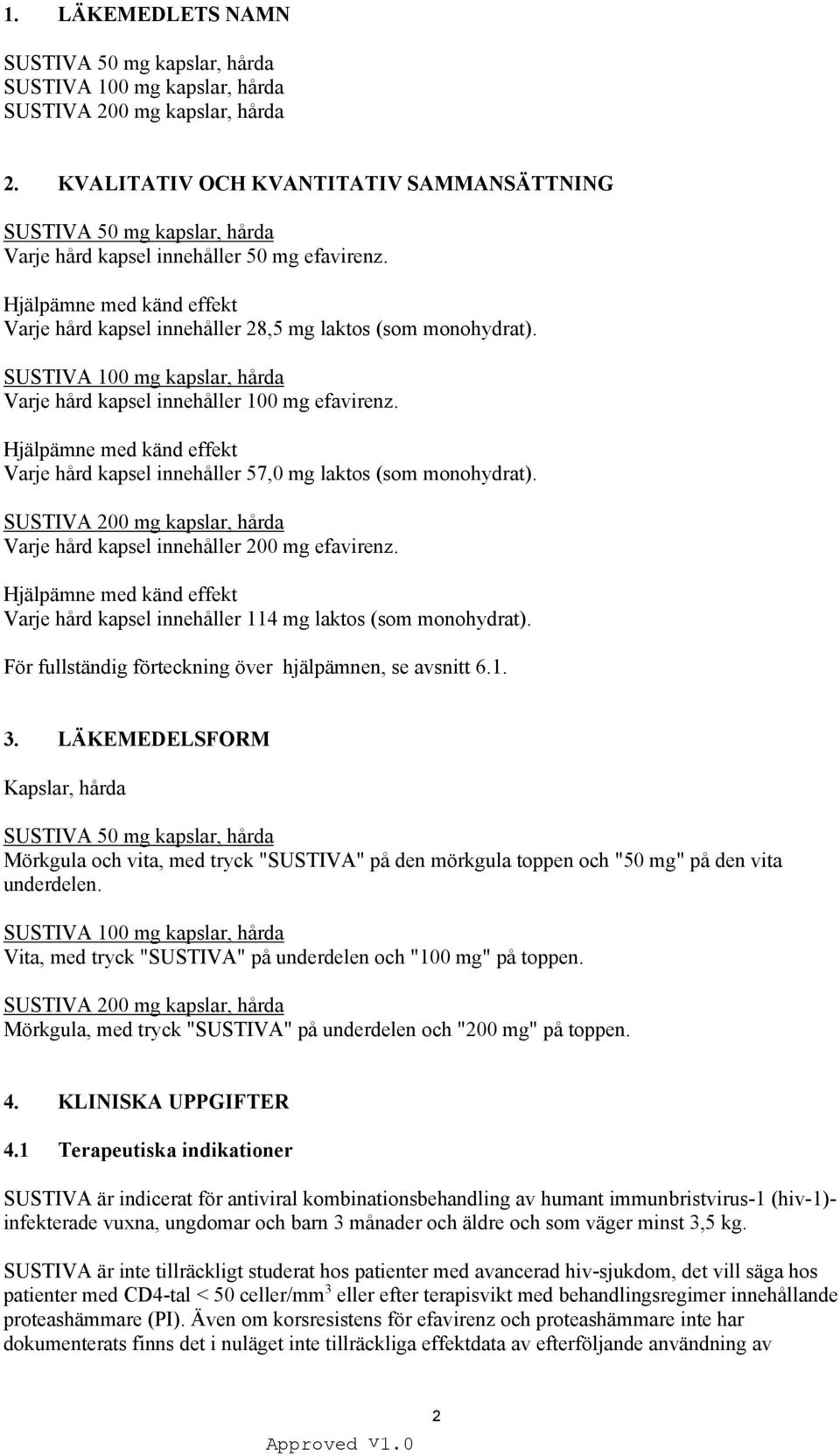 Hjälpämne med känd effekt Varje hård kapsel innehåller 28,5 mg laktos (som monohydrat). SUSTIVA 100 mg kapslar, hårda Varje hård kapsel innehåller 100 mg efavirenz.