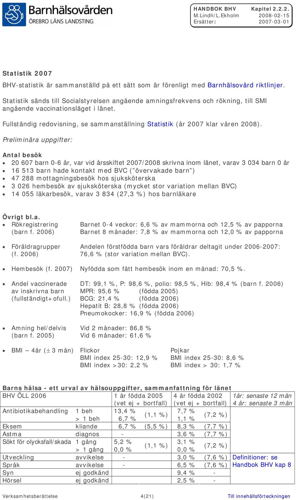 Preliminära uppgifter: Antal besök 20 607 barn 0-6 år, var vid årsskiftet 2007/2008 skrivna inom länet, varav 3 034 barn 0 år 16 513 barn hade kontakt med BVC ( övervakade barn ) 47 288