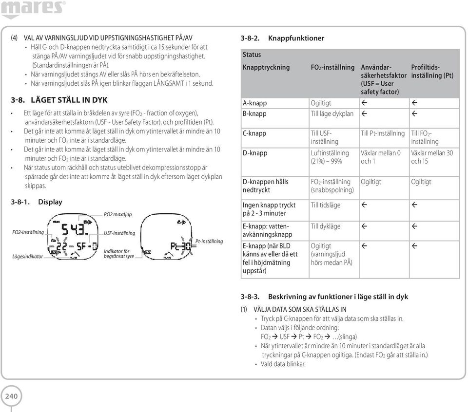 Läget ställ in dyk Ett läge för att ställa in bråkdelen av syre (FO2 - fraction of oxygen), användarsäkerhetsfaktorn (USF - User Safety Factor), och profiltiden (Pt).