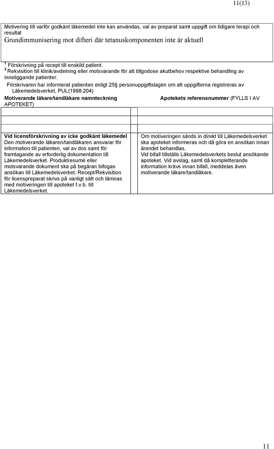 Förskrivaren har informerat patienten enligt 25 personuppgiftslagen om att uppgifterna registreras av Läkemedelsverket, PUL(1998:204) Motiverande läkare/tandläkare namnteckning Apotekets