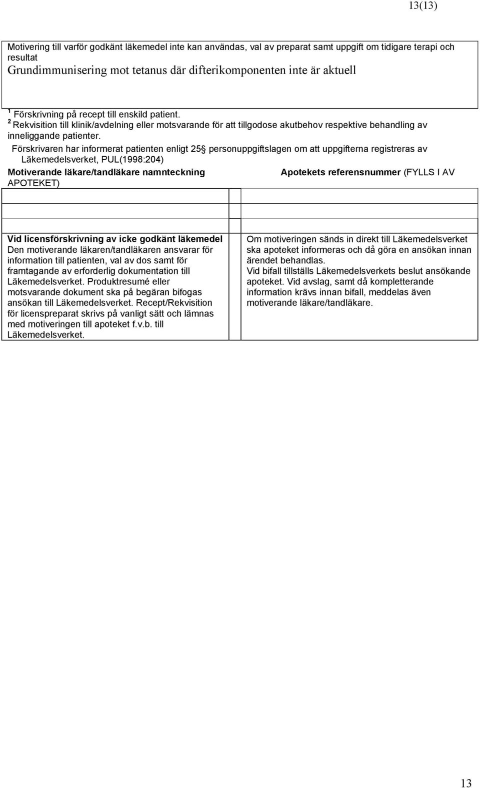 Förskrivaren har informerat patienten enligt 25 personuppgiftslagen om att uppgifterna registreras av Läkemedelsverket, PUL(1998:204) Motiverande läkare/tandläkare namnteckning Apotekets