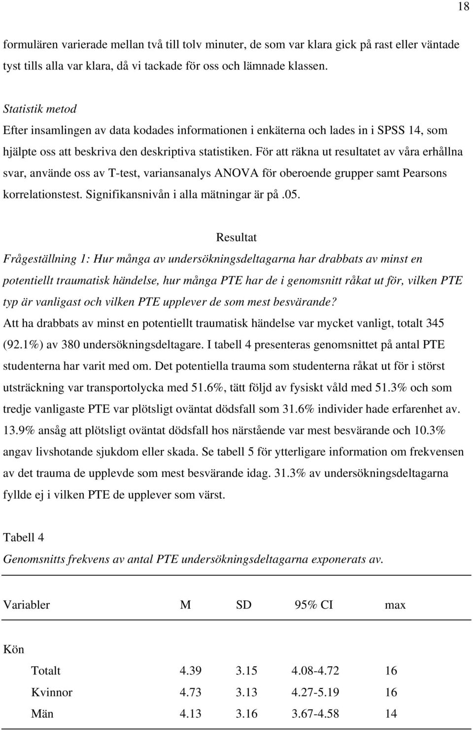 För att räkna ut resultatet av våra erhållna svar, använde oss av T-test, variansanalys ANOVA för oberoende grupper samt Pearsons korrelationstest. Signifikansnivån i alla mätningar är på.05.