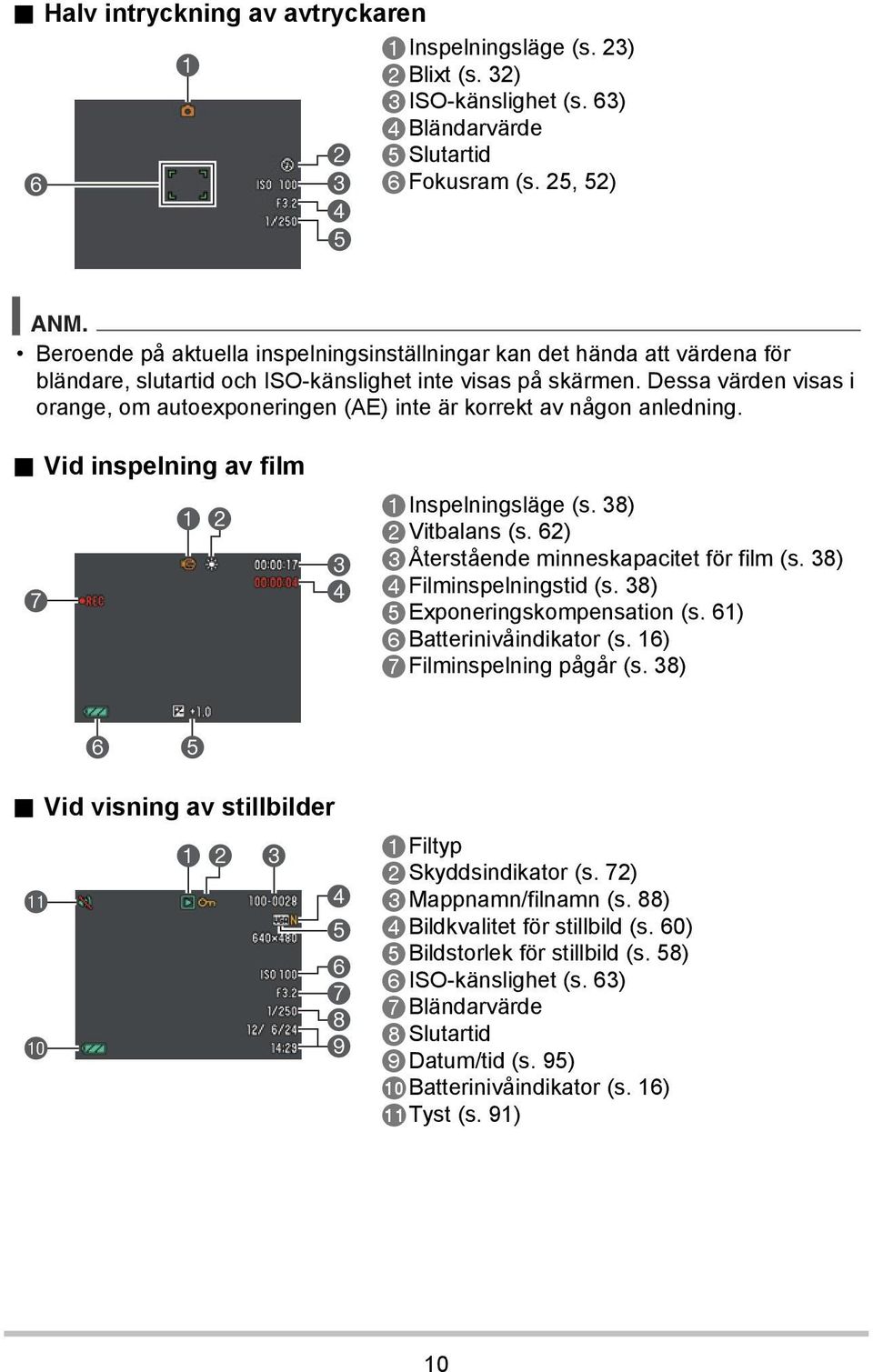 Dessa värden visas i orange, om autoexponeringen (AE) inte är korrekt av någon anledning.. Vid inspelning av film 7 12 3 4 Inspelningsläge (s. 38) Vitbalans (s.