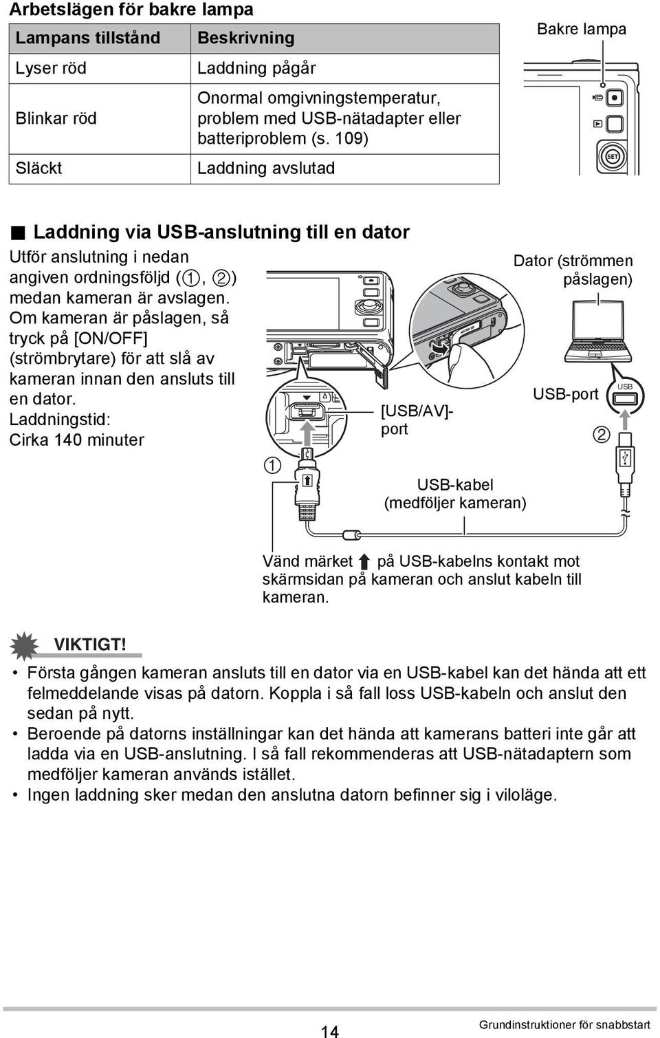 Om kameran är påslagen, så tryck på [ON/OFF] (strömbrytare) för att slå av kameran innan den ansluts till en dator.